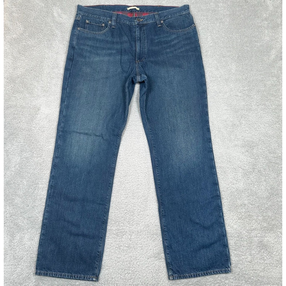 L.L. Bean Jeans Mens 38x34 Red‎ Flannel Lined Straight Leg Relaxed Fit Denim EUC